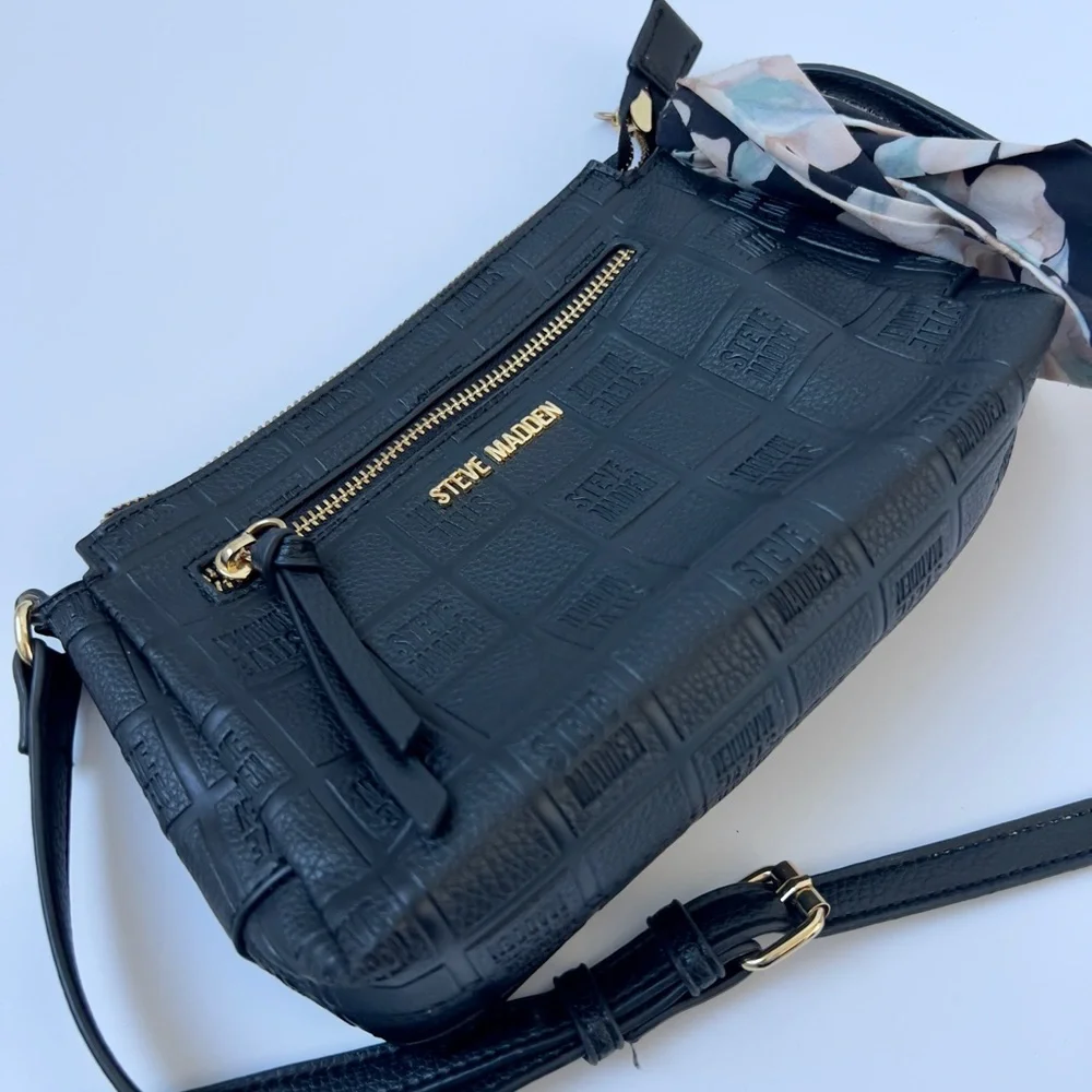 Steve Madden Embossed Black Crossbody Bag with Scarf Accent